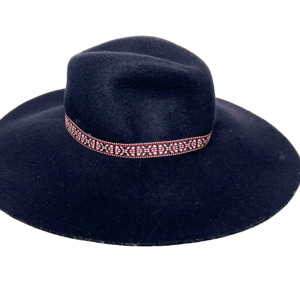 AMERICAN EAGLE Wide Brim Floppy Felt Hat Wool Embroidered Band Purple One Size